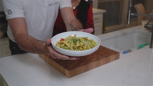 Simple chicken pesto pasta recipe made together with family