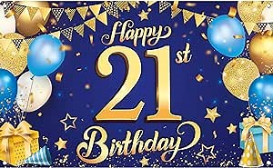 KatchOn, Blue and Gold Happy 21st Birthday Banner - XtraLarge, 72x44 Inch | Blue and Gold Backcrop Banner for 21st Happy Birthday Decorations | 21 Party Decorations for Girl