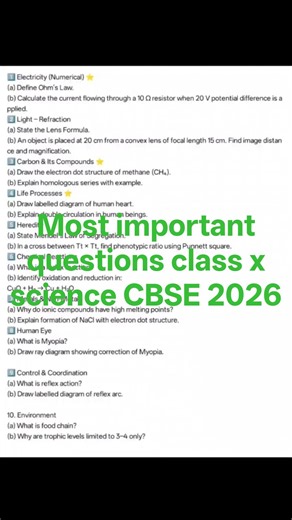 important class x science CBSE 2026