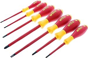 Wiha 32099 Insulated SoftFinish Screwdriver Set, 7 Piece, Long Reach, 1000V VDE, Slotted & Phillips, Black Oxide