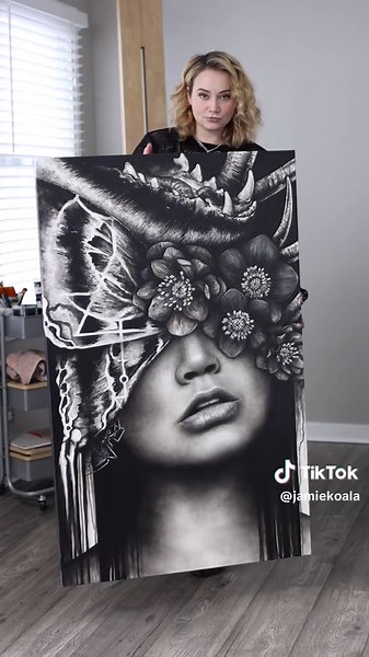 I hated this painting so I wanted to turn it into something else. I am excited to be able to share the full process and stages of this piece that stretched across 6 months. I never record everything- it’s hard to when your schedule only allows for 1-2 hours sporadically to paint- you just forget and want to enjoy the act of painting 🥰! Thank you so much for checking out my work 🖤! #artist #painting #portrait #altgirl #tattoo