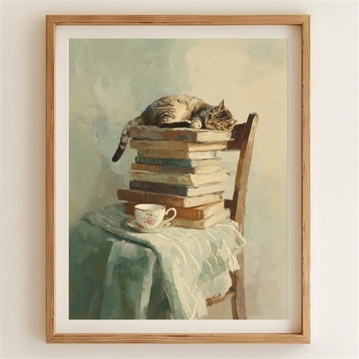 A Tabby Cat Sleeping on Book Tower Art, Cozy Reading Space Print, Digital Download - Etsy
