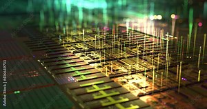 Glowing Iridescent Metallic Processor Transferring Particle Data Stream abstract visualization. 3D rendering, 4K seamless loop