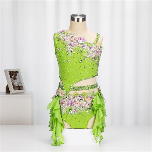 Custom Green Crystal Jazz Dance Costume: Embellished Ruffled Leotard Performance Wear - Etsy