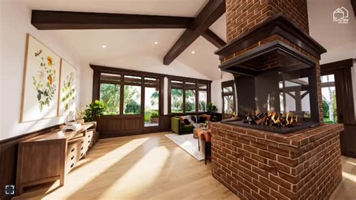 Take a 360° tour of this inviting single-story bungalow — open concept living, cozy fireplace, and rustic timber detail await! #360Tour #VirtualHomeTour #homedesign | Riverbend Timber Framing