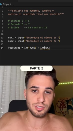 Arnau | Programación en Python on Instagram: "➕ Suma dos números fácilmente con Python #Python (Parte 2) Descubre cómo pedir dos números, sumarlos y mostrar el resultado en pantalla. Este ejemplo práctico te enseña a convertir texto en número y realizar operaciones básicas con variables. ¡Perfecto para tus primeros pasos con la lógica y las matemáticas en Python! #python #ejercicio #principiantes #numeros #logica #codigo #educacion #aprendizaje #shorts"