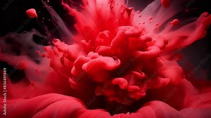 Vivid red powder explosion creating an abstract pattern against a dark background. Swirling bursts of paint in intense shades of red evoke a sense of passion, energy, and motion. Stock Video