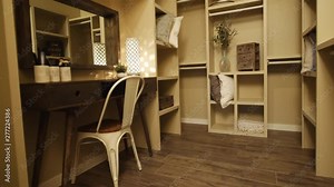 Walk-In Closet Rise Up with Vanity. view moves up in a decorated walk in closet to a vanity setup