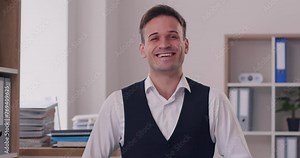 Businessman smiling, professional portrait of male happy business partner, office manager. Man experiencing feeling of positivity, job satisfaction, result enjoyment, successful small business plan