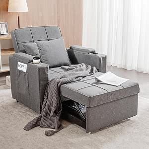 COMHOMA Sleeper Chair Bed Convertible Armchair with Cup Holders Single Convertible Chair 3-in-1 Futon Chair Beds with Side Pocket, Pull Out Sleeper Bed Living Room, Bedroom (Grey)