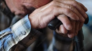 upset with grief, the sad old man lowered his head, holding on to a walking stick. depression, despair, loneliness in pensioners. problems of older people