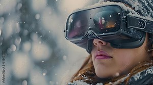 This woman wearing ski goggles in a snowy environment. Woman Wearing Ski Goggles in Snow