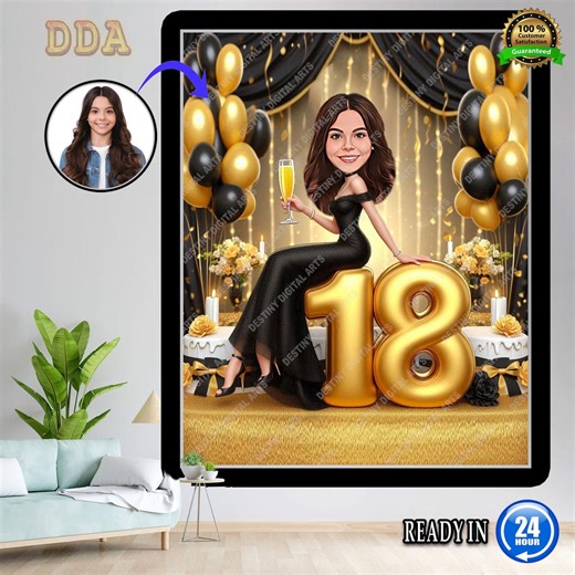 Custom 18th Birthday Caricature for Her | Personalized Adulting Debut Gift | Elegant Gold and Black Party Queen Digital Art - Etsy Canada