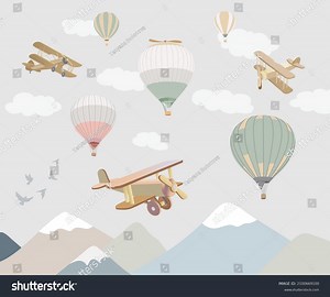 Vector Illustration Balloons Planes Mountings Clouds Stock Vector (Royalty Free) 2100669100 | Shutterstock
