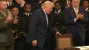 Trump visibly struggles to awkwardly lower himself into a chair, despite repeatedly claiming he’s the “healthiest President ever.”