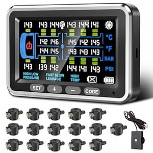 Trailer Tire Pressure Monitoring System Semi Truck,4.5" Monitor TPMS with 16 Flow Thru Sensors 0-199PSI, No Removal Inflation,6 Alerts,Signal Booster,Long Sensing Distance,4-22 Sensors