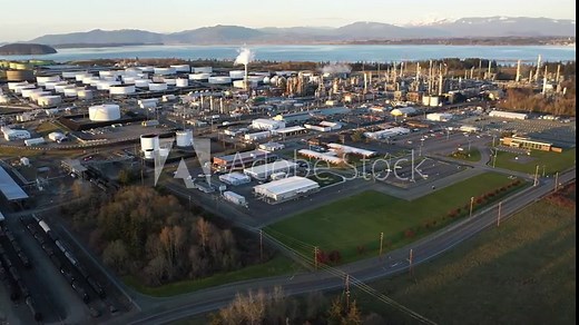 Aerial / drone footage of the Marathon Anacortes Oil Refinery off Fidalgo Island near Seattle, Washington during the COVID-19 pandemic closure