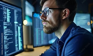 A programmer thoughtfully analyzing code on a computer screen.