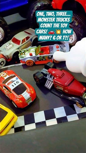 One, Two, Three… Monster Trucks Count the Toy Cars! 🚗💥 How Many? 6 or 7?!