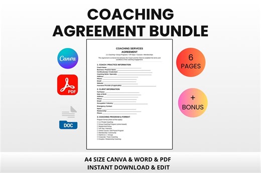 Coaching Agreement Bundle | Canva, Word, PDF Contract Forms (instant Download) - Etsy