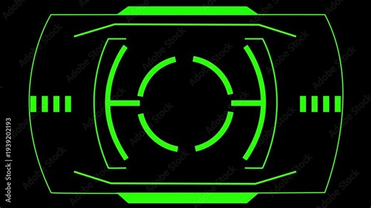 Green targeting reticle hud animation with rotating cross hair and circular scan rings, green tactical interface display with radar targeting dashboard, advanced targeting system animation.
