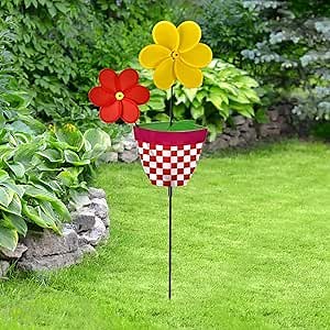 Garden Pinwheels Windmills Wind Spinners Whirlygigs Yard Art Decor Patio Decorations Outdoor Clearance Lawn Ornaments Outside Backyard Red Yellow Flower Stakes Decorative Bird Repellent, Gift for Kids
