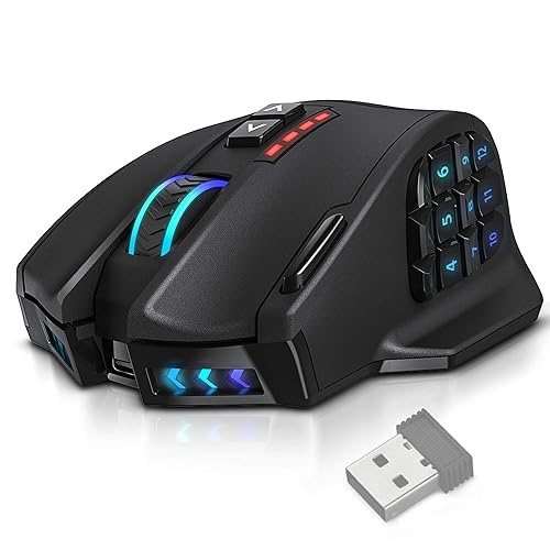 UtechSmart Venus Pro RGB Ratón de Juego MMO Inalámbrico, Sensor Óptico de 16,000 DPI, Tecnología de