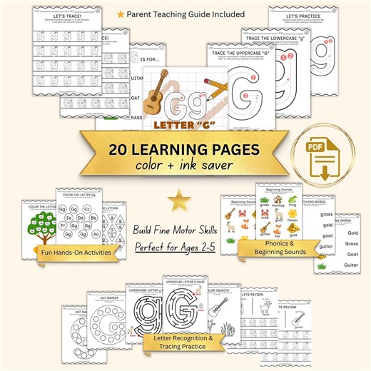 Letter G Worksheets for Preschool | Tracing Printable Ages 2–5 - Etsy