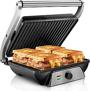 SUSTEAS 3-in-1 Electric Indoor Grill - Panini Press with Non-Stick Cooking Plates, Opens 180-Degree Gourmet Sandwich Maker, Floating Hinge Fits All Foods, Panini Press Grill with Grease Tray