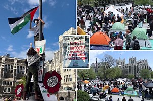Anti-Israel protesters who set up ‘intifada’ tent camp at state-funded NYC college seen pushing school security in dramatic video