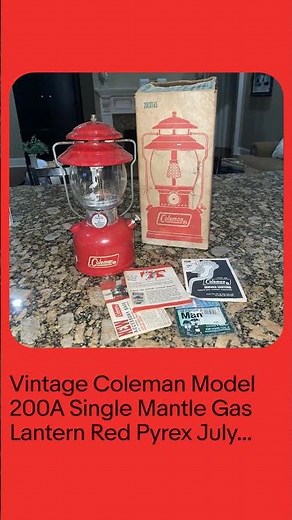 Vintage Coleman Model 200A Single Mantle Gas Lantern Red Pyrex July 1972 W/ Box