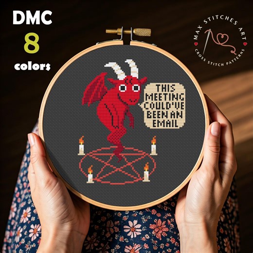 Funny Demon Cross Stitch Pattern PDF, Red Devil Pattern With Candles and Pentagram, Sarcastic Office Decor Idea - Etsy