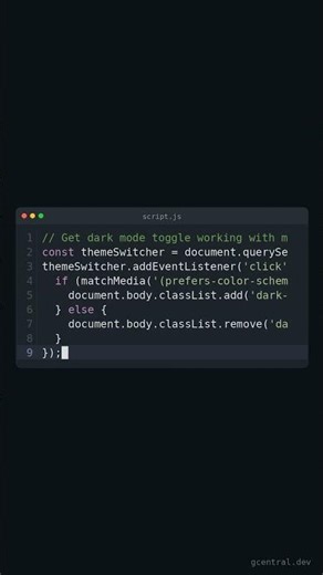 Learn dark mode toggle with matchMedia in 30s