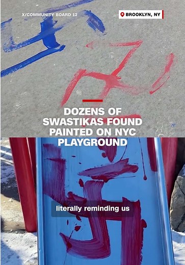 57 swastikas were painted on a children’s playground in a predominantly Jewish neighborhood in Brooklyn, New York, the second of two incidents that the NYPD’s hate crimes task force were investigating. Two 15-year olds were arrested in connection with the incidents. #brooklyn #nyc #cnn
