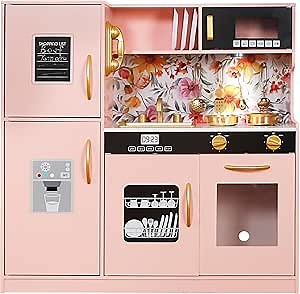 Wooden Play Kitchen Toy Set with Light, Kids Children Pretend Toy Kitchen Playset, Sink Play Toy Oven with Microwave,Toddler Cooking Set Toy for Ages 3+Baby Girls Boys (Pink)