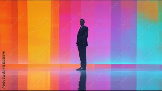 Silhouette entrepreneur vision businessman standing before vibrant color gradient wall expressing hope and ambition 2026