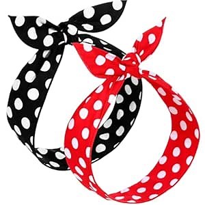 Hicarer Red 2 Pcs Polka Dot Headbands for Women Retro Bandana Headband Vintage 50s Outfit Dress up Wire Hairband Headwrap Cosplay Party Hair Accessories (0.51 Inch,Black)