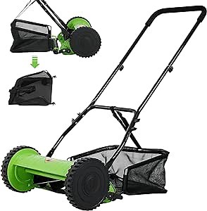 15-Inch 5-Blade Manual Lawn Mower, Push Reel Lawn Mower with Detachable Grass Catcher, Adjustable Cutting Height Push Mower Manual Walk-Behind Lawn Mowers Rotary Mower, 2 Wheels, Easy to Use