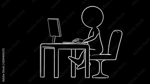 Animation of typing cartoon character. White line on black background. Office, bureau, classroom, home