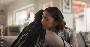 Friends, hug and crying woman on couch with conversation and trust from talking with empathy. Kindness, advice and solidarity with helping, care and comfort for mental health and stress in home