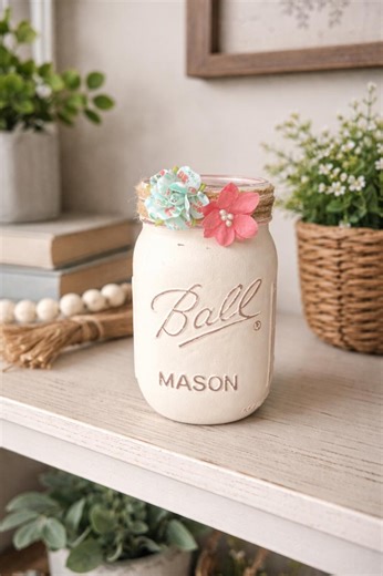 Rustic Mason Jar Decor, Farmhouse Mason Jar Vase, Hand Painted Ball Jar, Cottage Core Home Decor, Spring Shelf Decor, Country Farmhouse Gift - Etsy
