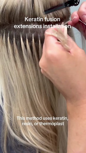 Keratin Fusion Extensions Installation 🙌🏻 These type of hair extensions typically last anywhere from 3-6 months! Have you tried them yet? #keratinfusionextensions #keratinfusionhairextensions #ktipextensions #tampahairsalon #hairstylistsoftiktok #tampahairstylist #tampahairextensions #hairextensionmaintenance #hairextensionstips #hairsalonlife