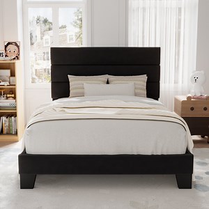 Allewie Twin Size Platform Bed Frame with Velvet Upholstered Headboard, No Box Spring Needed, Black - Walmart.com