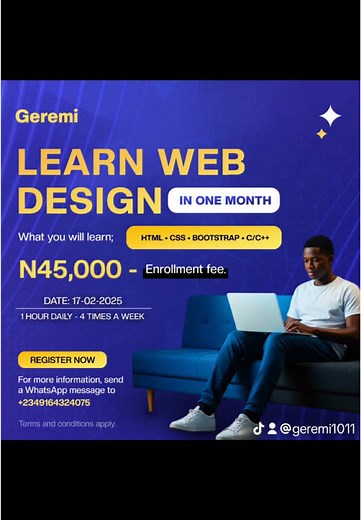*Kickstart Your Tech Career in 2025! 🚀* Are you looking to transition into the tech industry but don’t know where to start? The easiest path to break into tech is *Front-End Development*, and we’ve got the perfect opportunity for you! Join our *exclusive Web Design Bootcamp*, where you'll master: ✅ *HTML* ✅ *CSS* ✅ *Bootstrap* 📅 *Start Date:* February 17, 2025 ⏳ *Duration:* 1 hour daily 💰 *Enrollment Fee:* N45,000 In just *1 months*, you can acquire the basic skills needed to launch your care