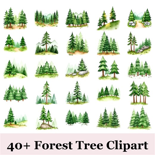 Watercolor Forest Tree Clipart Bundle | Whimsical Woodland Pine Trees PNG | Hand Drawn Nature Clipart for Nursery Decor, Commercial Use - Etsy