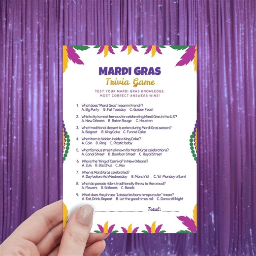 Mardi Gras Trivia Game: Printable Mardi Gras Games, Fat Tuesday Party Activity, Mardi Gras Trivia Cards, Mardi Gras Quiz (canva Template) - Etsy