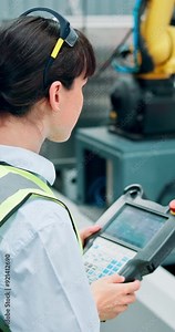 Warehouse, operator and woman with machine, project and typing with test equipment, service and robotics. Technician, control panels and mechanical engineer with glasses in factory for logistics