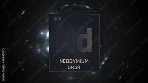 Neodymium as Element 60 of the Periodic Table. Seamlessly looping 3D animation on silver illuminated atom design background with orbiting electrons. Design shows name, atomic weight and element number