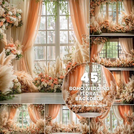 Boho Wedding Floral Backdrop, Pampas Window Wedding Background, Peach Neutral Ceremony Scene, Romantic Photo Backdrop - Etsy