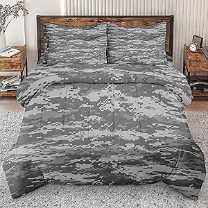 7Pcs Comforter Set King Size, Gray Navy Camo Army Camouflage, Bedroom Decor Urban Digital US Military Bedding for Kids and Adults with Bed Flat Fitted Sheet Pillowcases